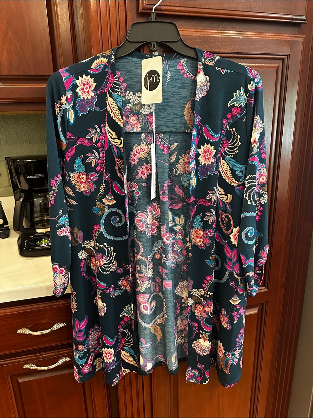 Dear Scarlett Teal Floral Open-Front Cardigan/Kimono with Pink Accents